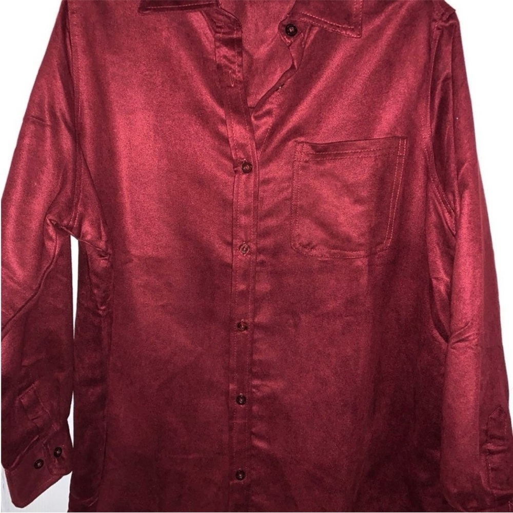 Sleek Maroon Red Faux Suede Button-Up Shirt